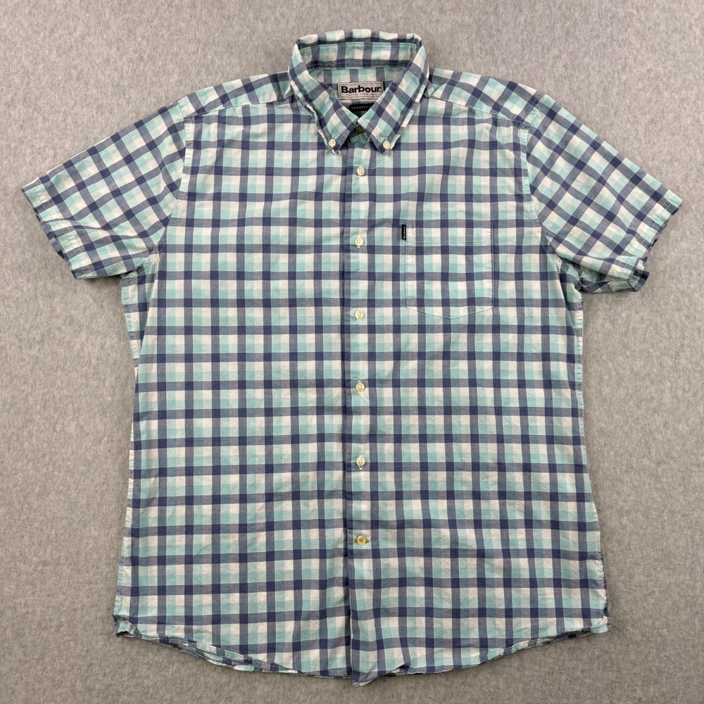 Barbour Shirt Mens Medium Blue Plaid Button Down Short Sleeve‎ Tailored Fit